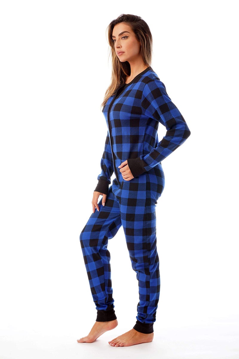 #followme Women's Printed Henley Thermal Onesie 6744-10195-ROY-L Royal/Black - Image 2